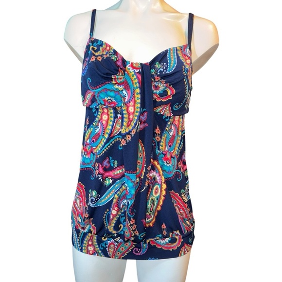 Lands End Swimsuit Top Women’s Size 10 Navy Aqua Red Yellow Adjustable Straps - Picture 2 of 5